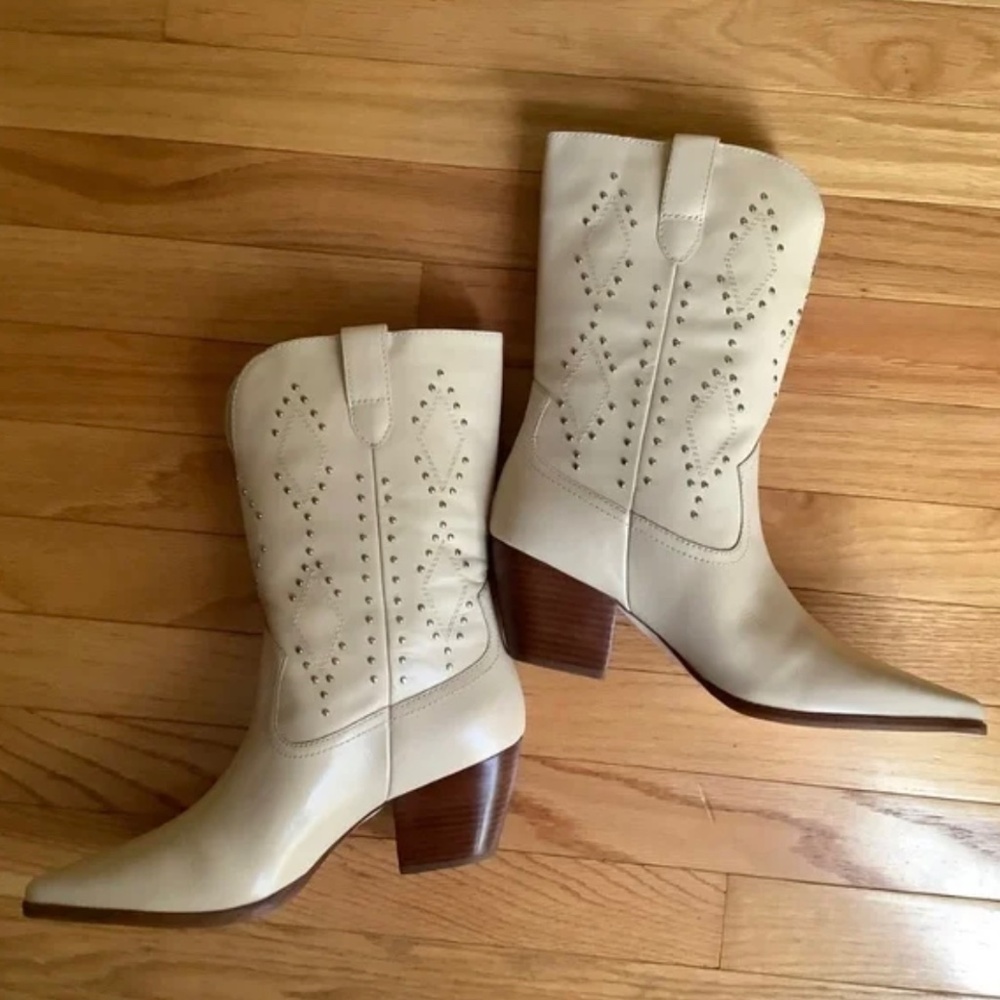 Matisse Cascade Leather Western Block Heel Boots Beige SZ 9